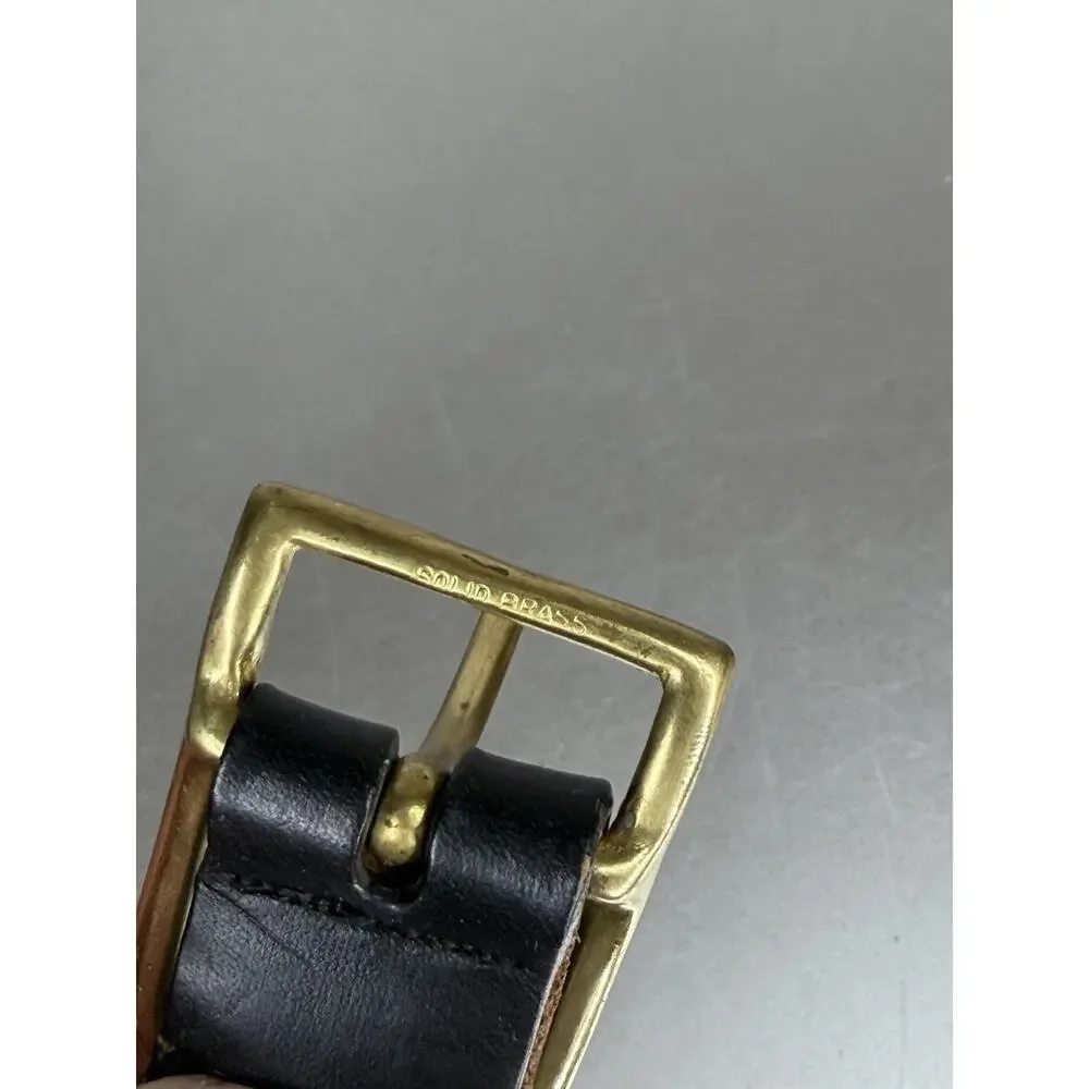 Canterbury Belt Solid Brass Buckle Woven Gray Cream Fabric Black Leather Sz 32